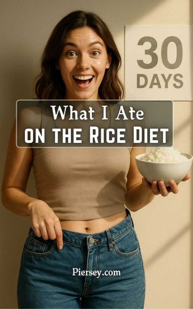 A smiling woman in a beige tank top and jeans holds a bowl of rice, pointing to her waist. A sign behind her reads "30 Days." Bright and positive tone.