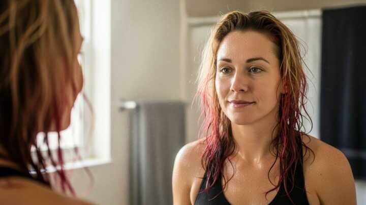 A woman with wet, wavy hair and a hint of a smile looks at her reflection in the bathroom mirror. The setting is well-lit and calm, with a towel hanging in the background.