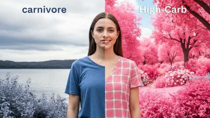 A split-image compares diets: left side is labeled "carnivore" with a woman in blue, grayscale scenery; right side is "high-carb," woman in pink, vivid pink landscape.