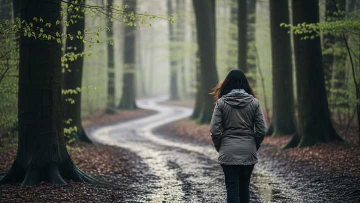 A person in a gray coat walks along a winding forest path lined with tall trees. The scene is misty and serene, evoking a sense of solitude.