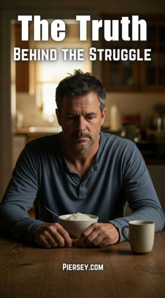 A contemplative man in a dimly lit kitchen, sitting at a wooden table with a bowl of rice and a mug. Text reads "The Truth Behind The Struggle." Mood is introspective.