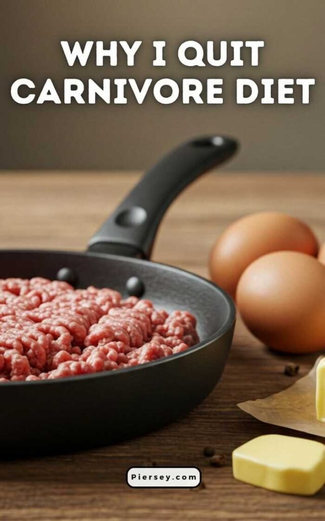 Ground meat in a frying pan with two eggs and butter nearby; text above reads "Why I Quit Carnivore Diet." The image suggests a dietary change.