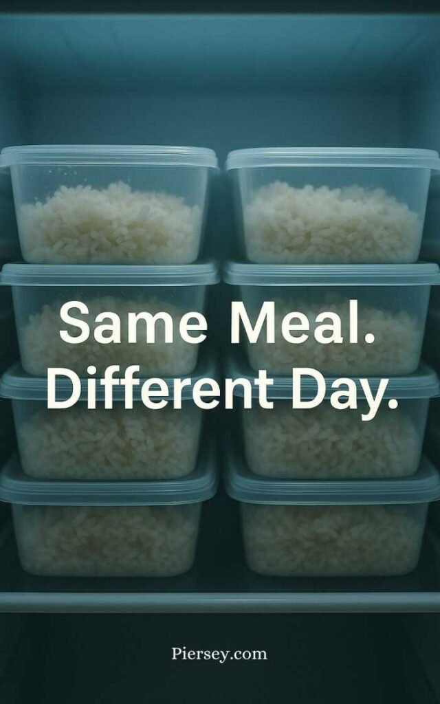 Stacks of identical meal prep containers filled with rice are arranged in the fridge. Overlaid text reads, "Same Meal. Different Day," conveying monotony.