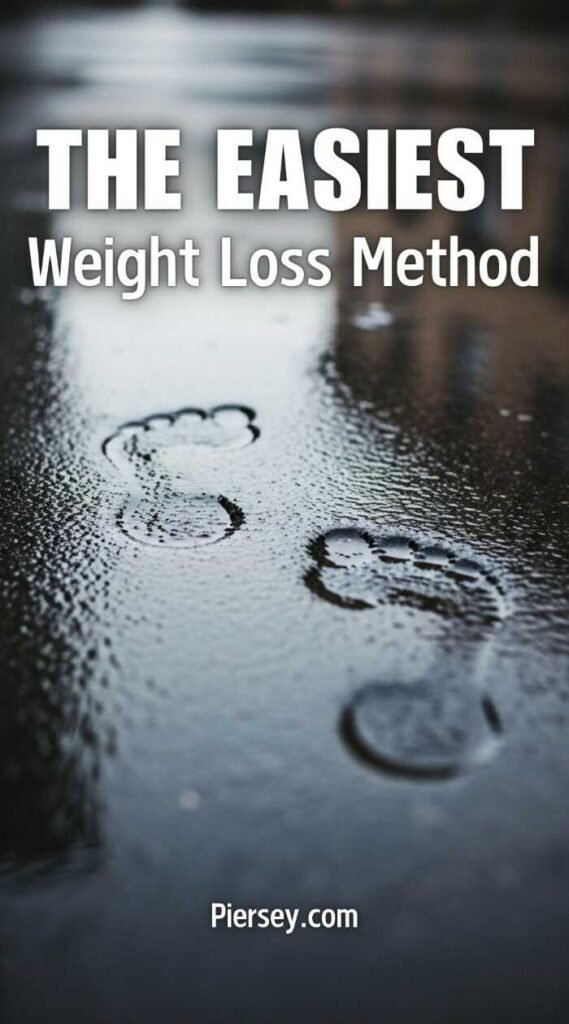 Wet footprints on a reflective surface lead diagonally across the image. Text reads "The Easiest Weight Loss Method." Calm and motivating tone.