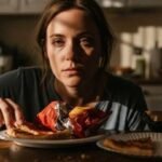 The Truth About Willpower For Weight Loss A woman sits at a kitchen table with a tired expression, surrounded by plates with pizza slices and a bag of chips. Sunlight casts shadows across her face.